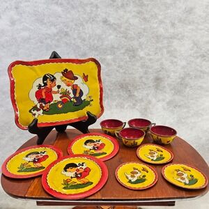 Ohio Art Tin Toy Tea Set Tray Cups Saucers Children Dog Vintage Rustic 11 pcs